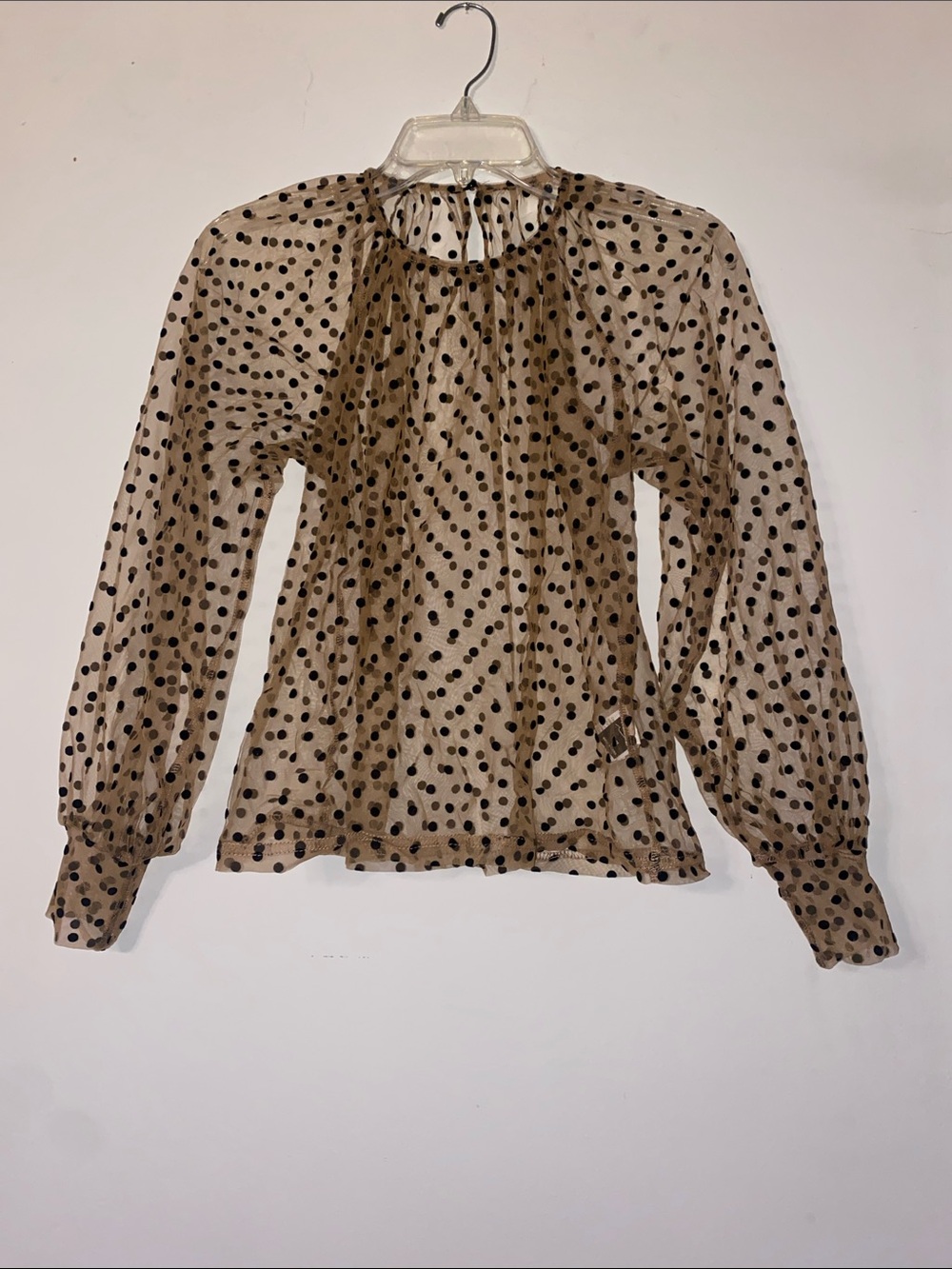 Polka Dot Sheer Blouse with Balloon Sleeves - Beige/Black